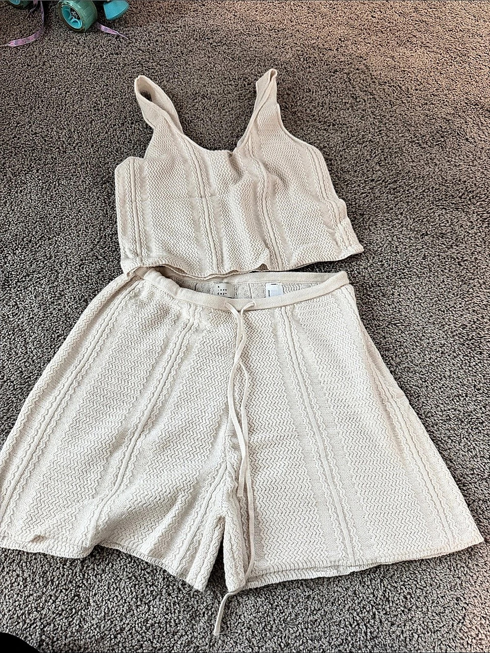 a new day Crochet Like Sweater Tank Top and Knit Shorts Set Cream Small